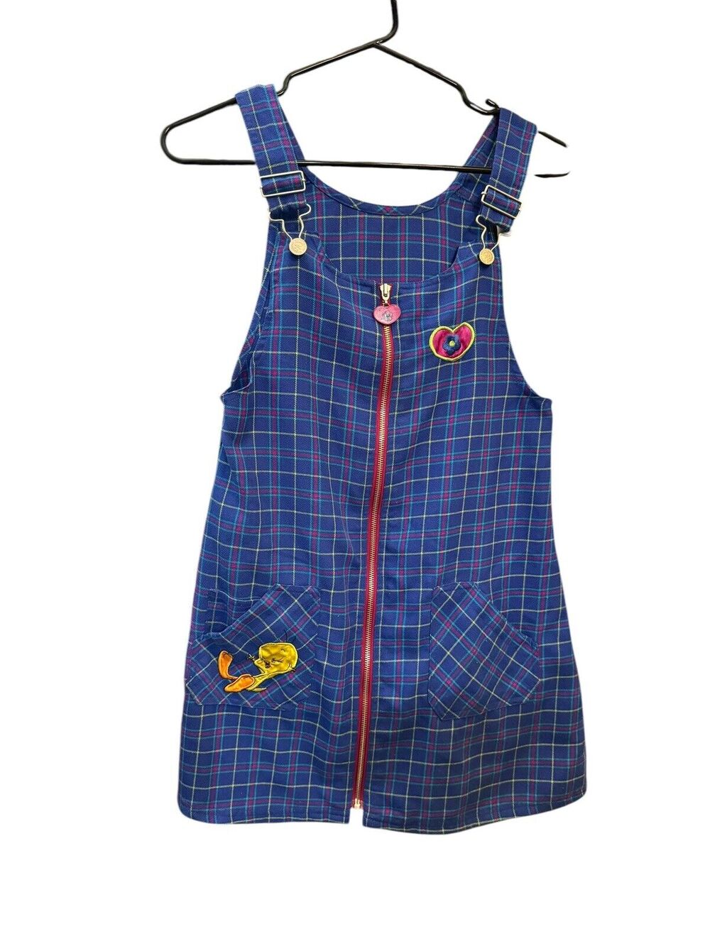 Looney Tunes Girls Tweety Plaid Overall Jumper Dress Size 10/12 Embroidered